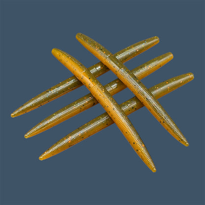 Boomstick is a senko-style stickbait for flipping, skipping, and casting, displayed in Pumpkin Spice for different fishing conditions in freshwater fishing. Great addition to any anglers tackle box