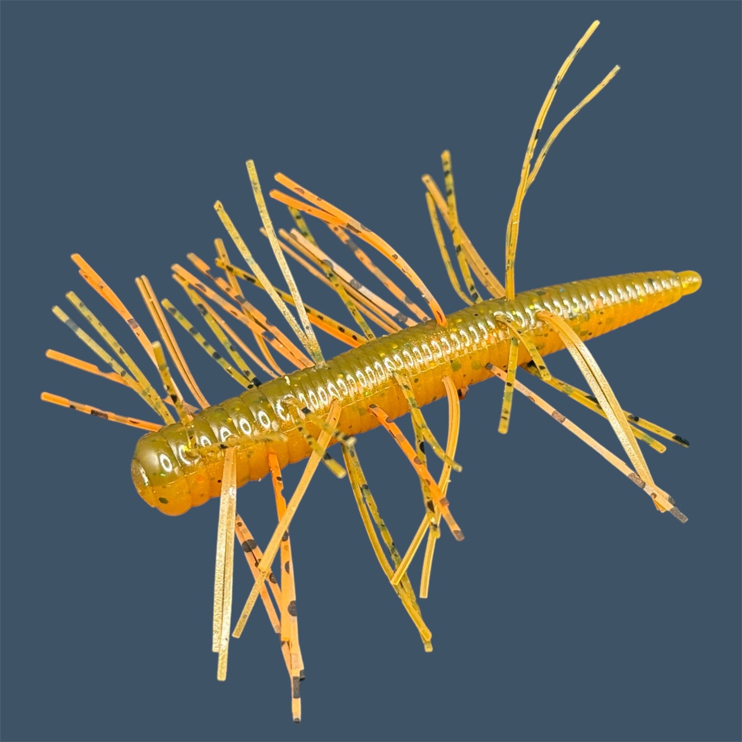 Fuzzy N3D (Ned Rig Style Bait) Soft Plastic Bait. Shown in Pumpkin Spice (Brown and Orange). Fuzzy Soft Plastic Fishing Lures