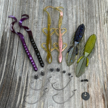 Assorted fishing lures and hooks on a wooden surface