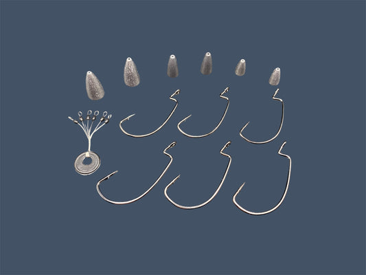 Close-up image of the Texas Rig Kit showing Eagle Claw®️ Size 3/0 & 4/0 EWG Hooks, Bullet Weights in various sizes and Weight Stops