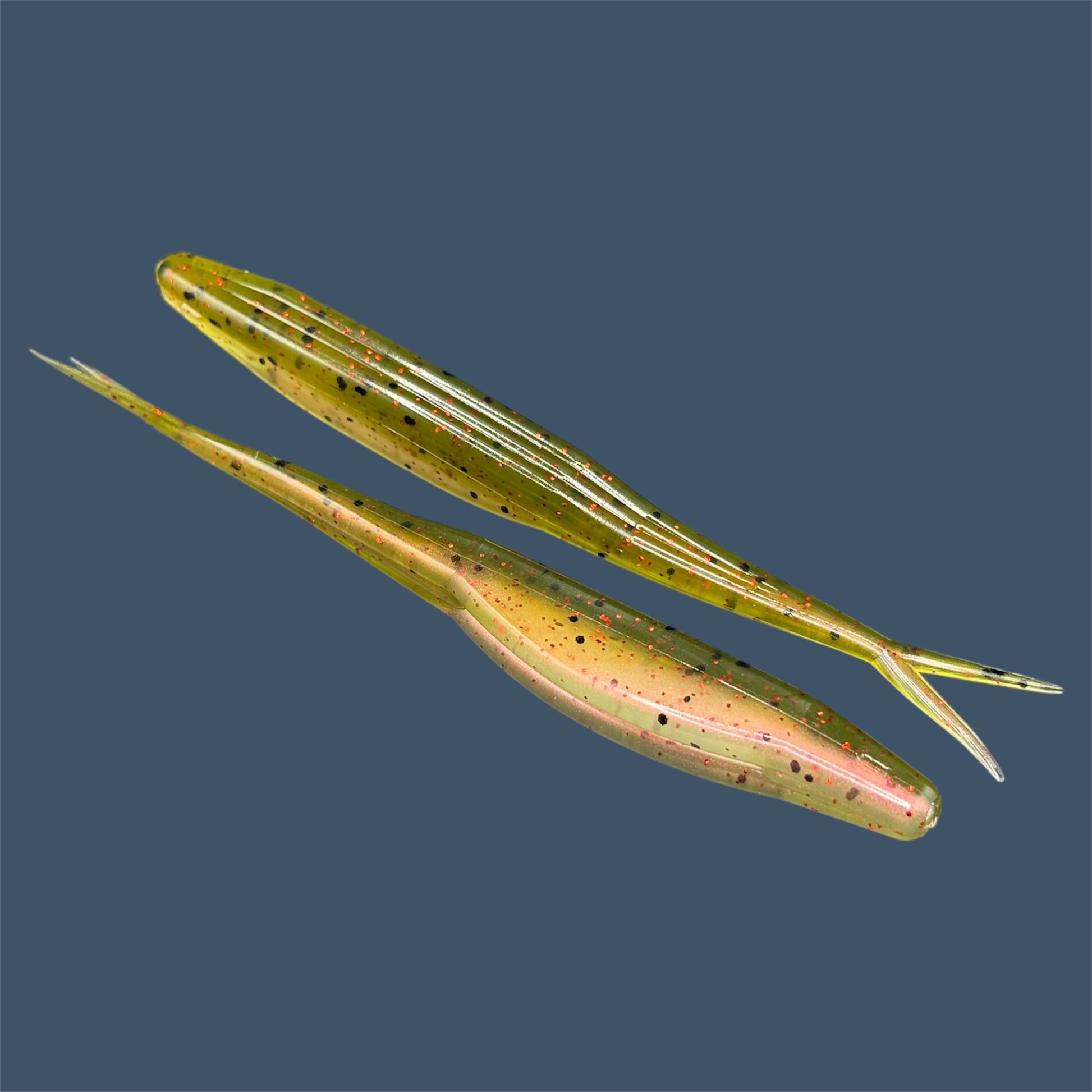 Split Tail Shad soft plastic Fluke style bait with realistic shad appearance, featuring a slotted belly for weedless rigging. Jerkbait in Watermelon Red Pearl a proven fish-catching color