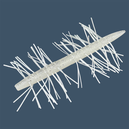 Skirted Boomstick Soft Plastic Bait (Stick worm style bait) with embedded skirt material for Fishing. Shown in White Ice Fuzzy Soft Plastic Lure