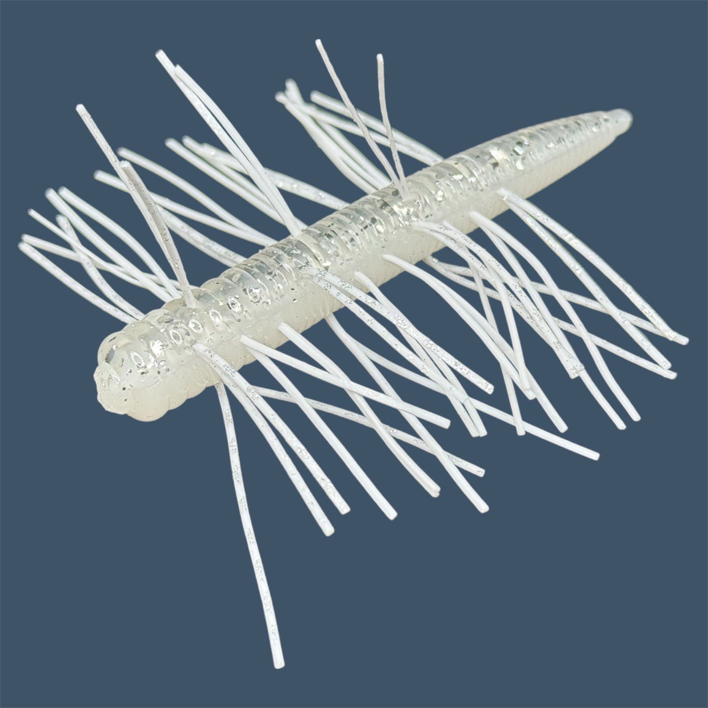 Skirted N3D (Ned Rig Style Bait) Soft Plastic Bait. Shown in White Ice. Fuzzy Soft Plastic Fishing Lures