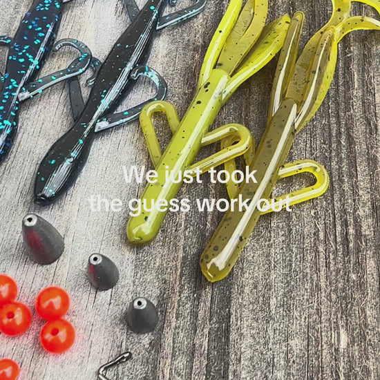 Video clip showing soft plastic lures and terminal tackle included with the Big League Bait Company Carolina Rig Bundle