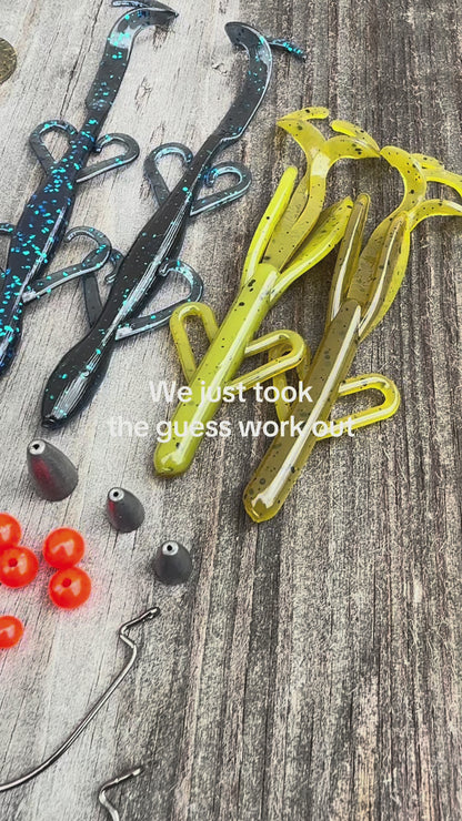 Video clip showing soft plastic lures and terminal tackle included with the Big League Bait Company Carolina Rig Bundle