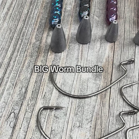 Video clip showing soft plastic 10 inch curl tail worms and terminal tackle included with the Big League Bait Company BIG Worm Bundle