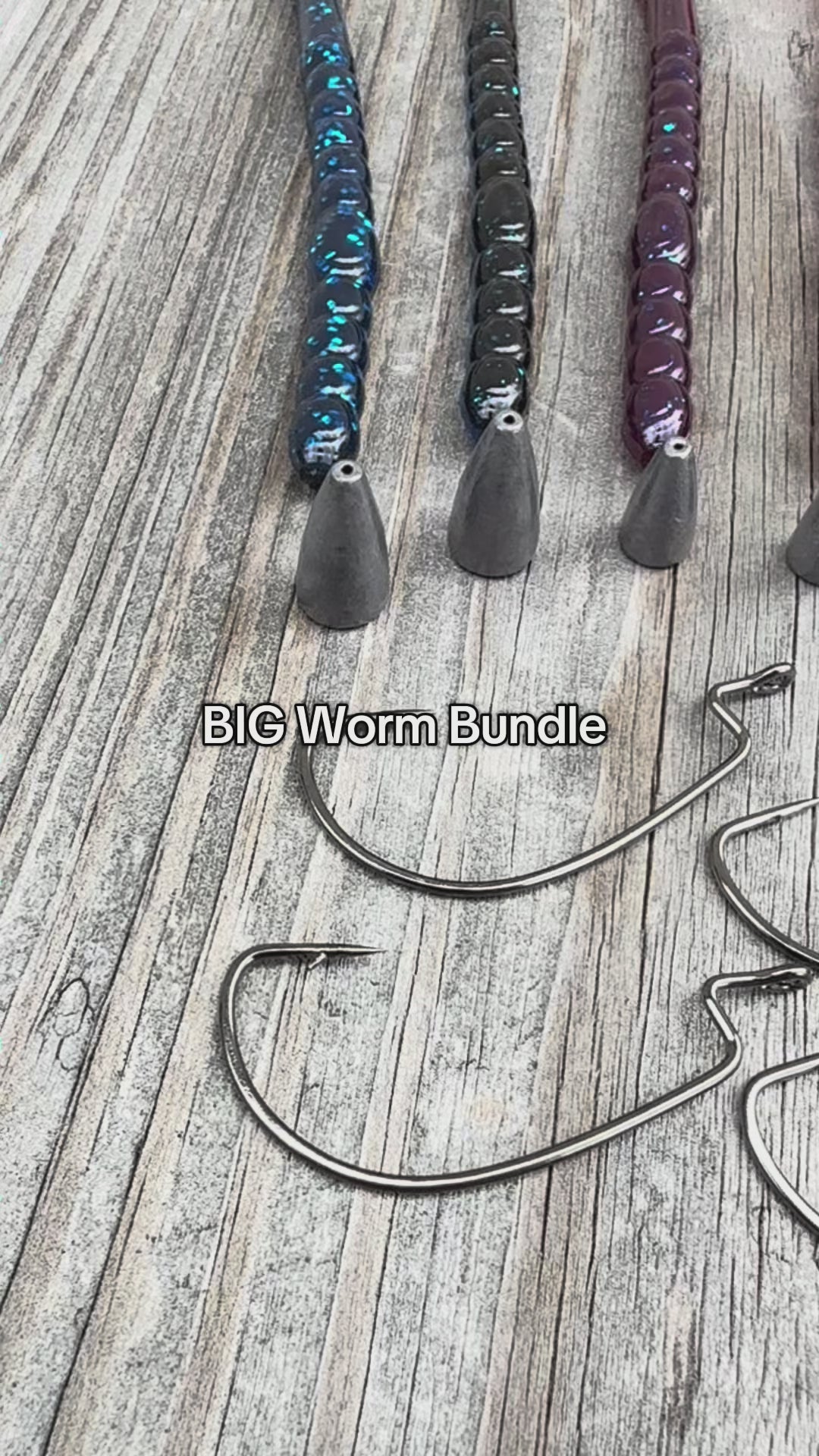 Video clip showing soft plastic 10 inch curl tail worms and terminal tackle included with the Big League Bait Company BIG Worm Bundle