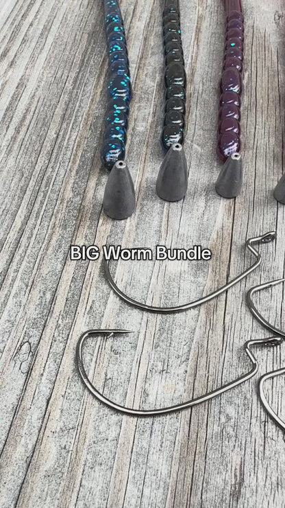 Video clip showing soft plastic 10 inch curl tail worms and terminal tackle included with the Big League Bait Company BIG Worm Bundle