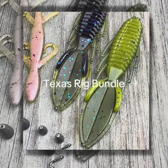 Video clip showing soft plastic lures and terminal tackle included with the Big League Bait Company Texas Rig Bundle