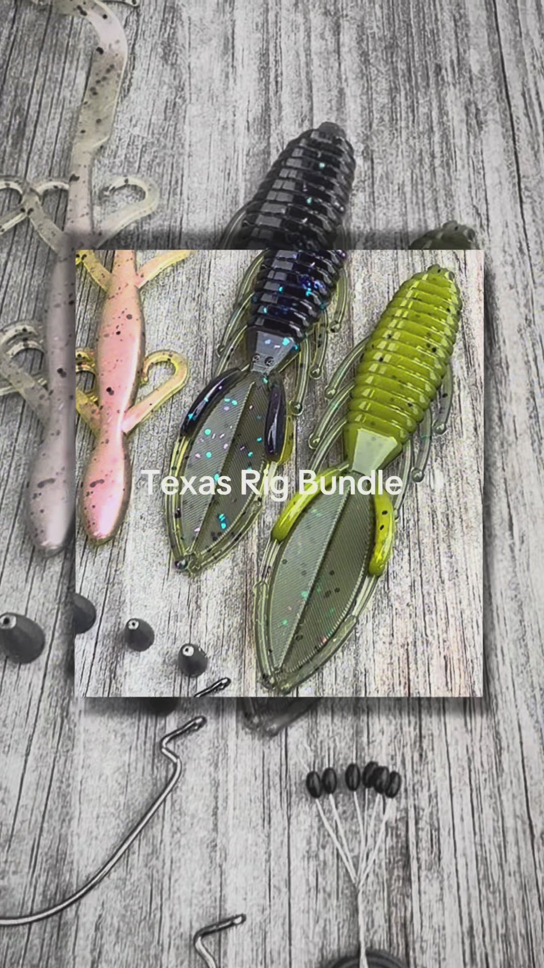 Video clip showing soft plastic lures and terminal tackle included with the Big League Bait Company Texas Rig Bundle