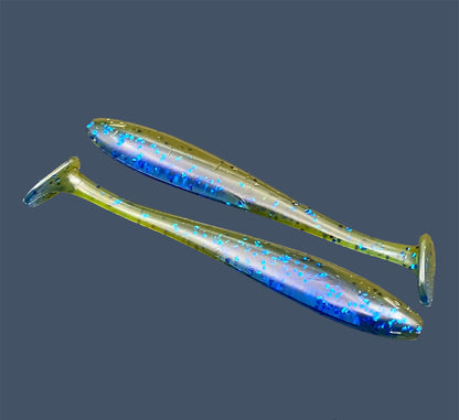 Pro Swim 4-inch paddle tail soft plastic swimbait with realistic shad shape and hook slot, shown in Big "O" (Green Pumpkin with Blue Flake) a proven fish-catching color