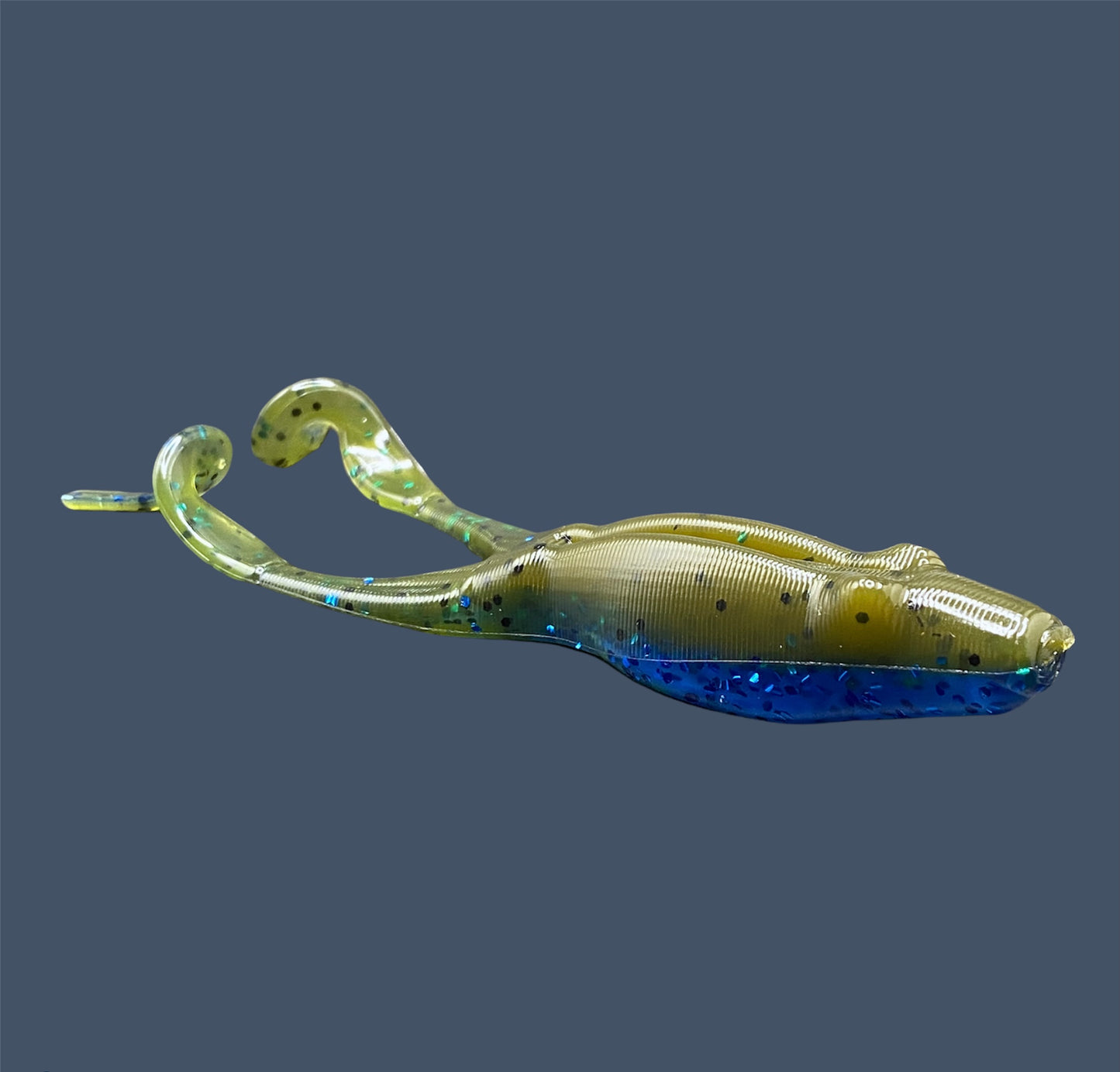 Tennessee Toad soft plastic frog bait with a weedless 4-inch robust body and long legs, designed for topwater and subsurface fishing, shown in Big "O" (Green Pumpkin with Blue Flake) a proven fish-catching color