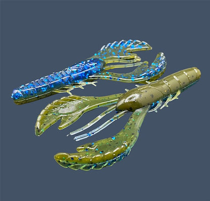 Commotion Craw craw style bait with hard-kicking claws and 4-inch frame, shown in Big "O" (Green Pumpkin and Blue Flake)