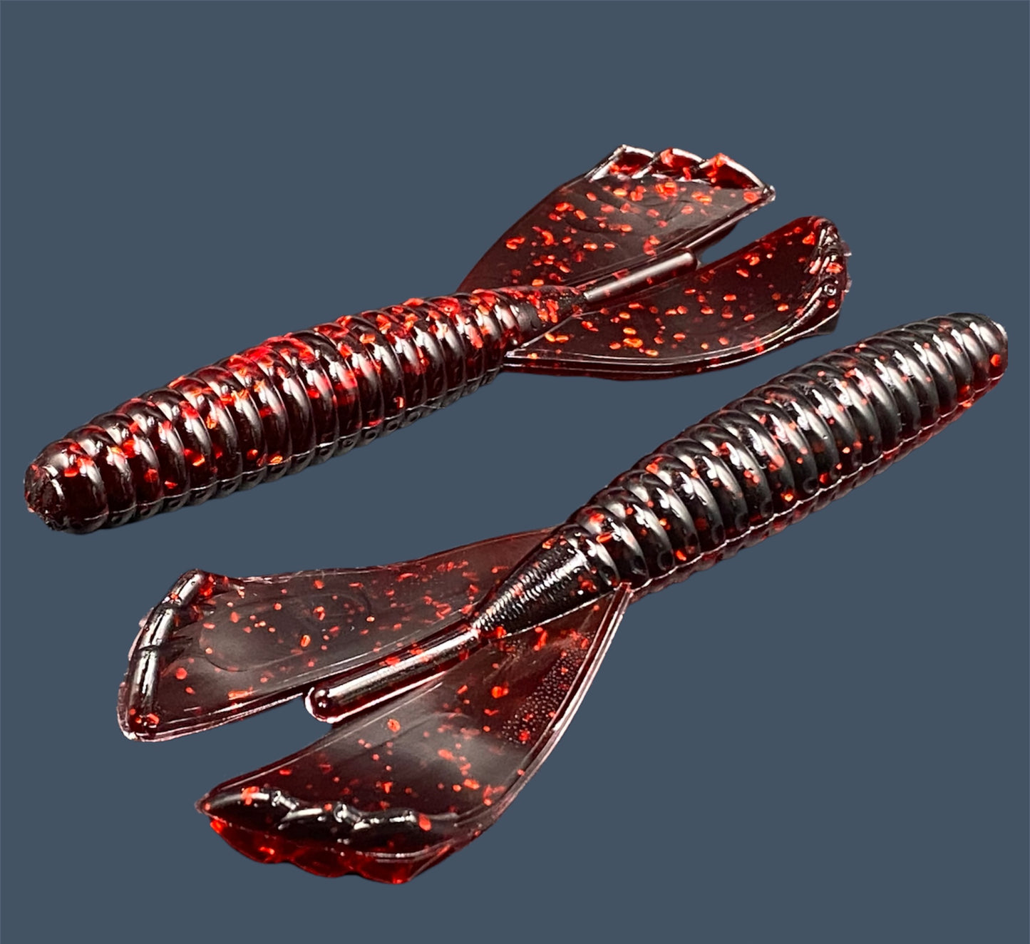 Soft plastic Grub 3.5-inch with twin-kicking tails, ideal for Texas rig, Carolina rig, and as a trailer, in Black Cherry (Black and Red)