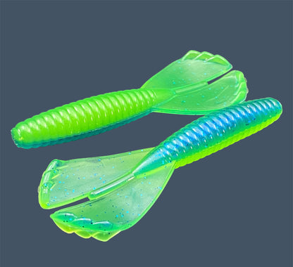 Soft plastic Grub 3.5-inch with twin-kicking tails, ideal for Texas rig, Carolina rig, and as a trailer, in Blue Chartreuse (Blue and Green)