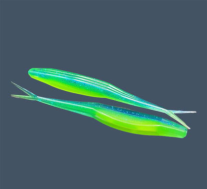 Split Tail Shad soft plastic jerkbait with realistic shad appearance, featuring a slotted belly for weedless rigging, shown in Blue Chartreuse (Dark Blue and Chartreuse) a proven fish-catching color