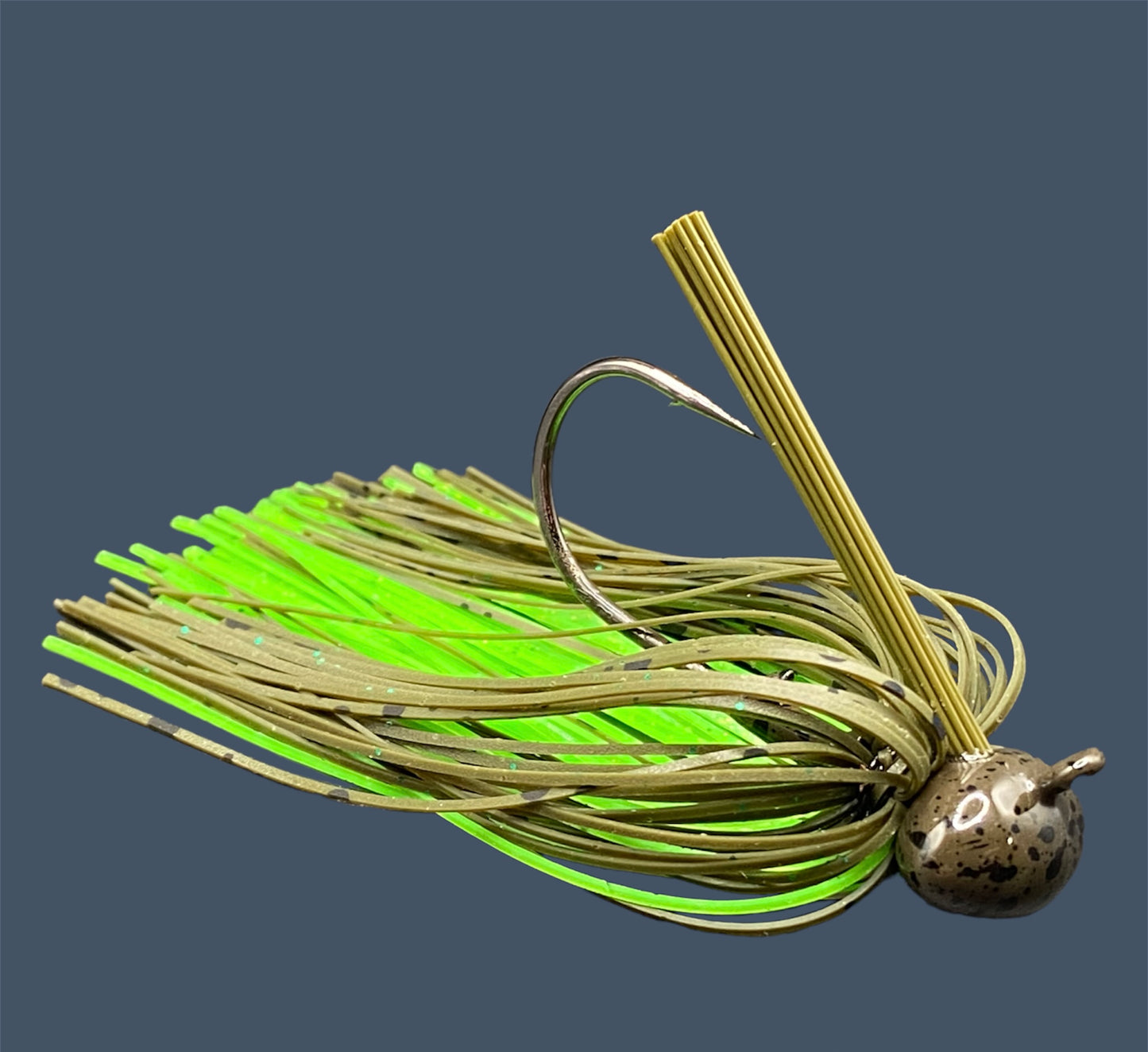 Football Jigs in Envy (Grren Pumpkin and Green), highlighting the robust Mustad Heavy Wire hooks, integrated plastics keepers, and flaring 100% silicone skirts.