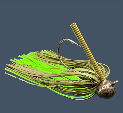 Football Jigs in Envy (Grren Pumpkin and Green), highlighting the robust Mustad Heavy Wire hooks, integrated plastics keepers, and flaring 100% silicone skirts.