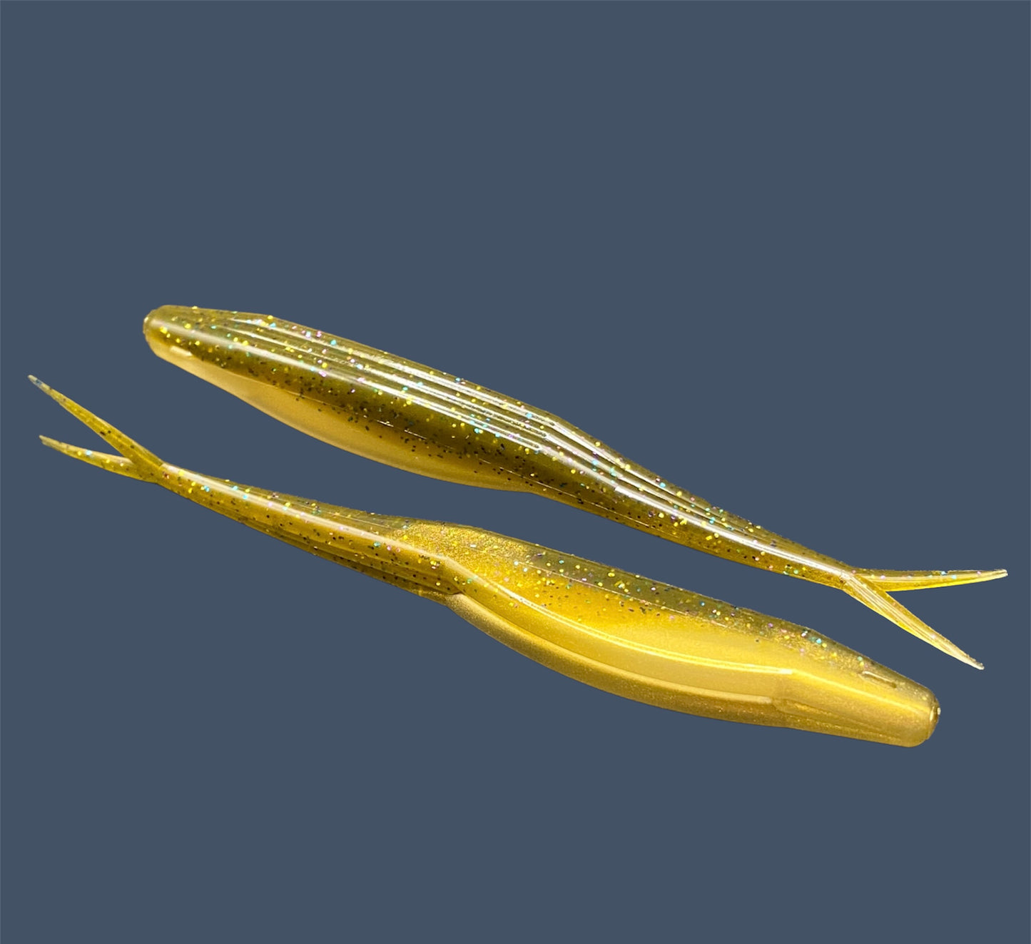 Split Tail Shad soft plastic jerkbait with realistic shad appearance, featuring a slotted belly for weedless rigging, shown in Golden Gill a proven fish-catching color