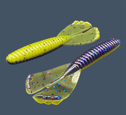 Soft plastic Grub 3.5-inch with twin-kicking tails, ideal for Texas rig, Carolina rig, and as a trailer, in Luau