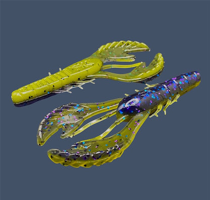 Commotion Craw craw style bait with hard-kicking claws and 4-inch frame, shown in Luau (Green and Purple)