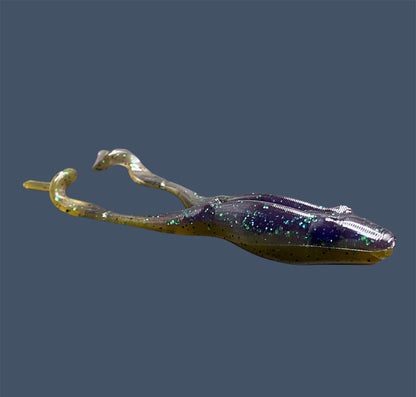 Tennessee Toad soft plastic frog bait with a weedless 4-inch robust body and long legs, designed for topwater and subsurface fishing, shown in Swamp Juice (Green Pumpkin and Purple) a proven fish-catching color