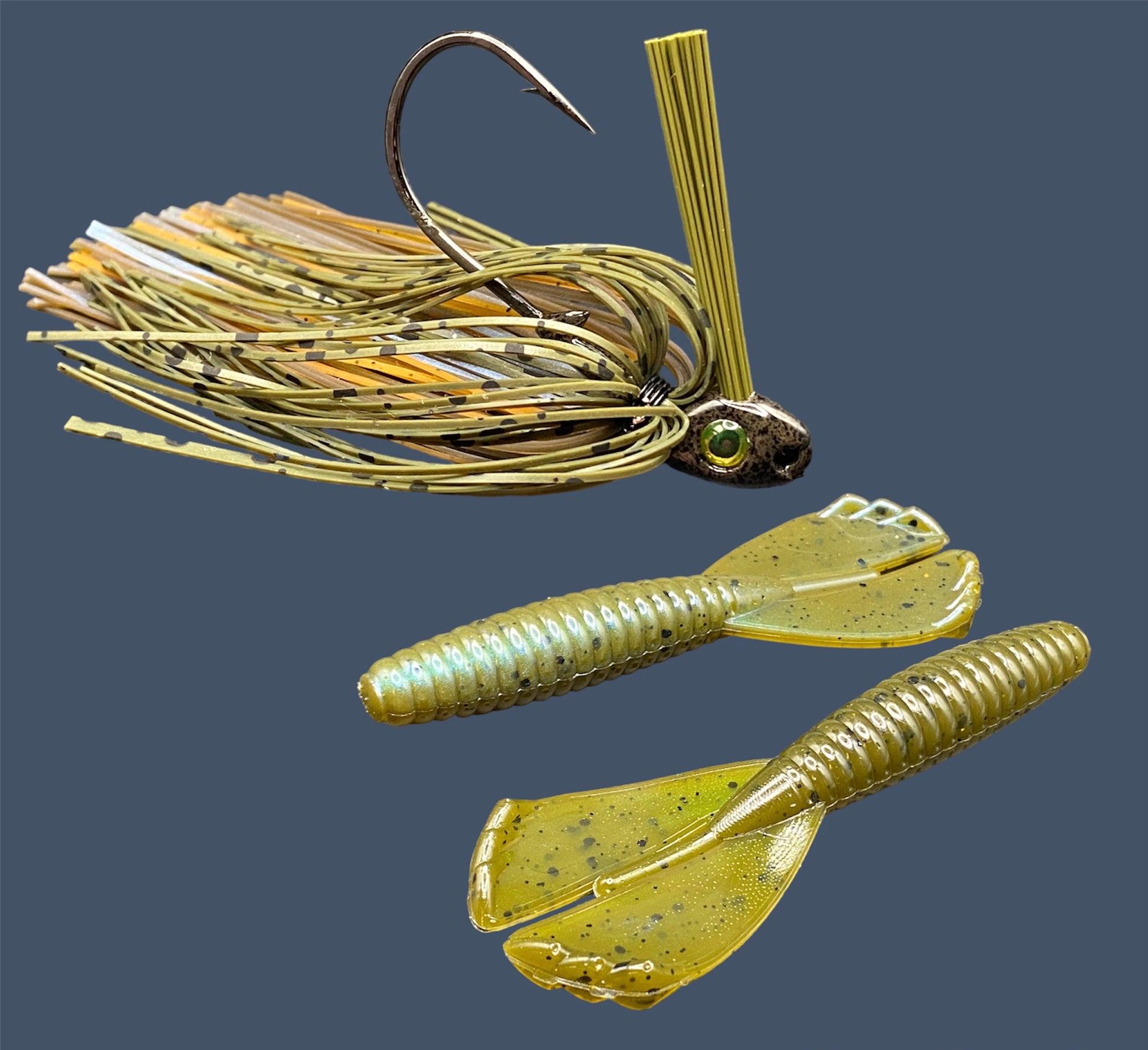 Fishing lure bundle with a high-quality jig and soft plastic bait, perfect for freshwater and saltwater fishing with a variety of soft plastic lures. Shown here in color Magic Craw (Green Pumpkin and Blue) is a hand tied Green Pumpkin swim jig paired with Big League Bait Grub 3.5"