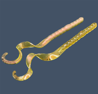 Soft plastic curly/ribbon tail worm 7.5-inch with realistic movement and versatile design for Texas and Carolina rigs. 7.5" Curl Tail Worm shown in Watermelon Red Pearl