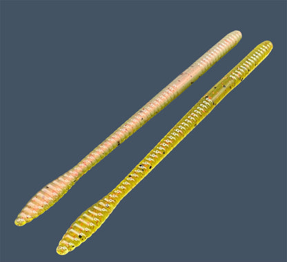 Soft Plastic Trick worm/Straight Tail Worm with flat spade-shaped tail and slender ribbed body. Spade Tail Worm shown in Watermelon Red Pearl, a proven fish-catching color