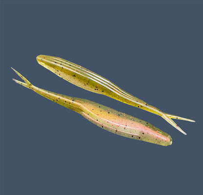 Split Tail Shad soft plastic Fluke style bait with realistic shad appearance, featuring a slotted belly for weedless rigging. Jerkbait in Watermelon Red Pearl a proven fish-catching color